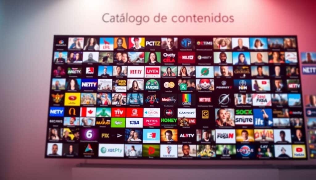 A vibrant and expansive catalog of IPTV channels, displayed in a sleek and organized grid layout. The channels are represented by crisp, high-definition thumbnails, each showcasing the diverse programming options available. The layout is clean and visually appealing, with a subtle gradient background that creates a sense of depth and sophistication. The overall composition conveys a sense of abundance and quality, perfectly complementing the "Catálogo de contenidos" section of the article. Soft, directional lighting illuminates the scene, lending a professional and inviting atmosphere. The camera angle is slightly elevated, allowing the viewer to take in the full breadth of the channel selection.