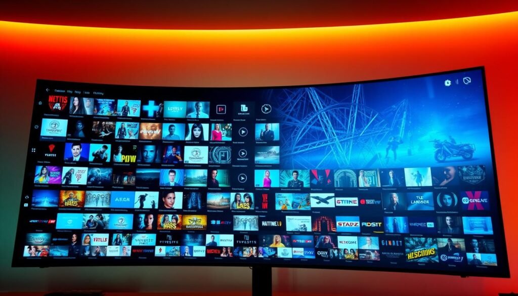 A vibrant and visually engaging IPTV content library exploration. A vast array of content channels and programs displayed on a large, curved display screen. The screen is bathed in a soft, cinematic lighting that creates a warm, inviting atmosphere. In the foreground, a user interface with sleek, minimalist design elements allows for seamless navigation through the extensive library. The middle ground features a diverse selection of content thumbnails and genre categories, showcasing the breadth and depth of the IPTV offering. The background subtly fades into an abstract, geometric pattern that enhances the technological aesthetic. The overall composition conveys a sense of exploration, discovery, and the wealth of entertainment options available through the IPTV service.