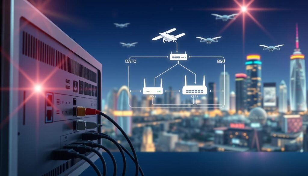 A vibrant, detailed illustration of computer networking basics. In the foreground, a sleek, modern desktop computer with various ports and cables connecting to networking devices. In the middle ground, a clean, minimalist diagram showcasing the flow of data through routers, switches, and wireless access points. The background depicts a serene, futuristic cityscape with glowing skyscrapers and hovering drones, symbolizing the interconnectivity of the digital world. The scene is bathed in a warm, inviting glow, creating a sense of technological harmony and understanding. Subtle lens flares and depth-of-field blur enhance the professional, instructional quality of the image.