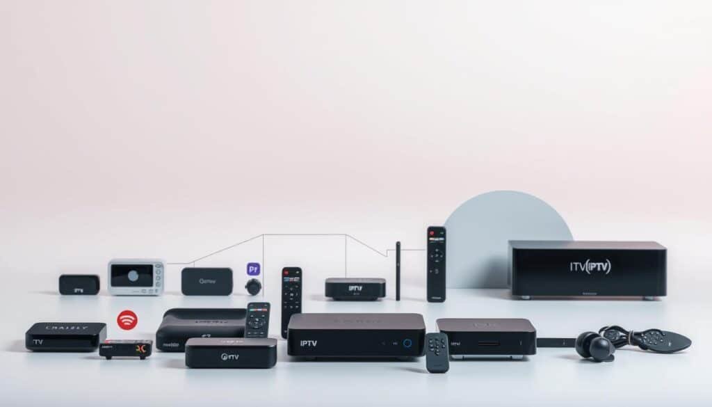 A vibrant, detailed overview of legal IPTV streaming services against a clean, minimalist background. In the foreground, various streaming device icons and logos are neatly arranged, showcasing the diversity of platforms available. In the middle ground, abstract shapes and lines convey the notion of digital content flow and connectivity. The background features a soft, muted color gradient, creating a sense of depth and balance. Soft, even lighting illuminates the scene, lending an authoritative, informative tone. The overall composition is sleek, modern, and visually engaging, reflecting the technical nature of the subject matter.