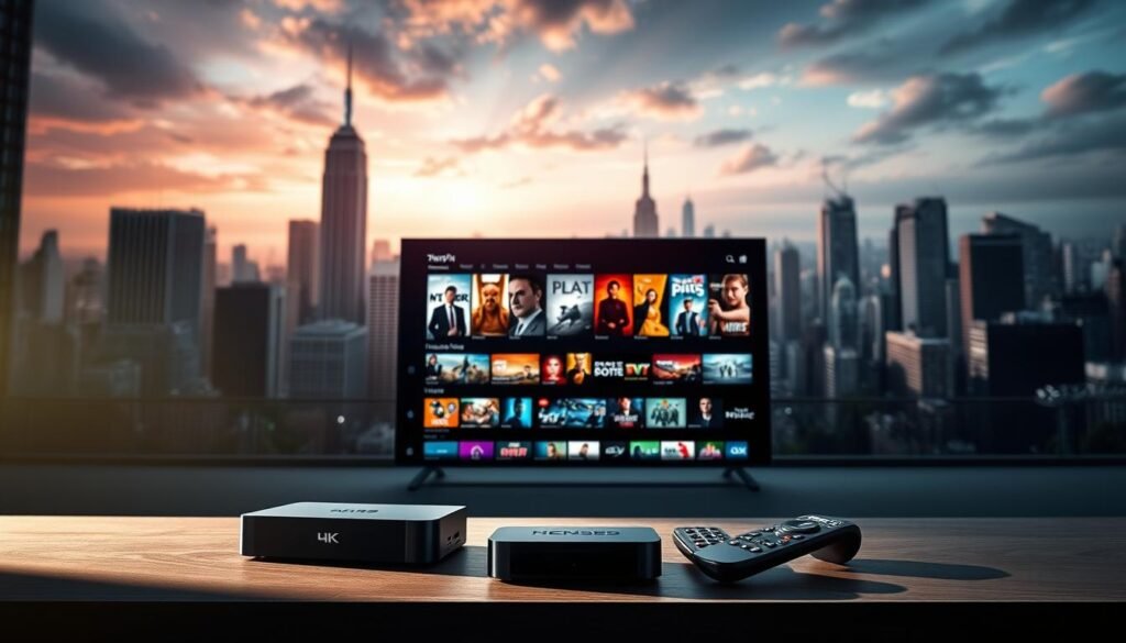 A visually striking and immersive scene showcasing the comprehensive IPTV entertainment packages. In the foreground, a sleek, modern entertainment system with high-end 4K streaming devices and remote controls, bathed in soft, directional lighting. The middle ground features a large, vibrant UHD television displaying an array of content thumbnails, ranging from movies and TV shows to live sports and news. In the background, a stylized cityscape with towering skyscrapers and a dramatic, cinematic sky, conveying the scale and grandeur of the IPTV experience. The overall mood is one of sophistication, technological advancement, and the promise of boundless entertainment.