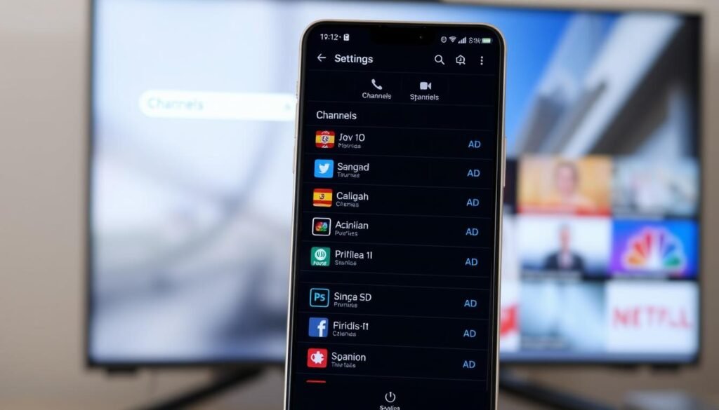 A well-lit, high-resolution screenshot of the TiviMate app's settings menu, focused on the "Channels" section. The foreground shows a neatly organized list of Spanish language channels, with clear icons and labels. The middle ground features the app's sleek, user-friendly interface, with intuitive controls and navigation elements. The background subtly blurs out, drawing the viewer's attention to the central task of setting up Spanish channels. The overall mood is one of professionalism and ease of use, reflecting the instructional nature of the article's section.