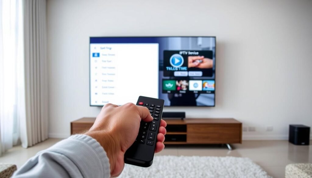 A well-lit, step-by-step tutorial scene of installing a smart TV IPTV service. In the foreground, a person's hands holding a remote control and navigating the smart TV's settings menu. The middle ground shows the smart TV display with the IPTV service interface. The background depicts a modern, minimalist living room setup with a large flat-screen TV mounted on the wall. The overall mood is clear, informative, and visually appealing, guiding the viewer through the installation process.
