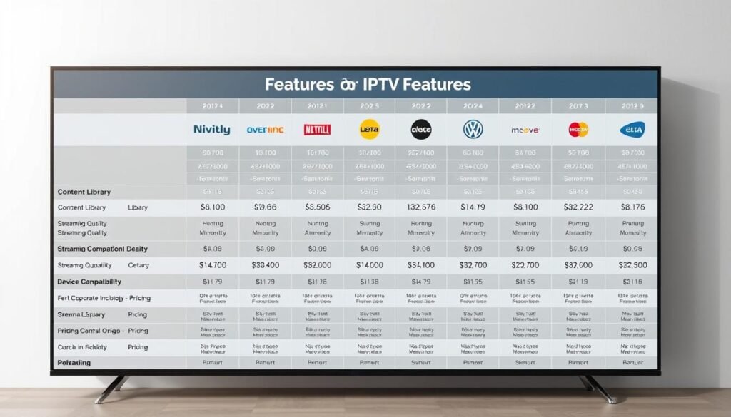 An intricately designed comparison chart showcasing the features and capabilities of leading IPTV service providers in 2025. The chart is presented against a clean, minimalist background with a soft, muted color palette. The layout is visually appealing, with clear delineation between the service providers, their logos, and the comparative data points such as content libraries, streaming quality, device compatibility, and pricing. The chart is rendered with a high level of photorealism, with a subtle depth of field effect that draws the viewer's eye to the key information. The overall mood is one of professionalism and authority, befitting the subject matter.