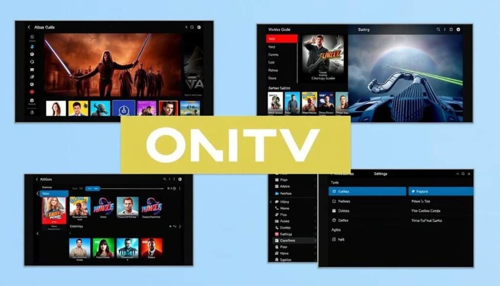 Atlas Pro ONTV features showcase displaying multiple screens of the application