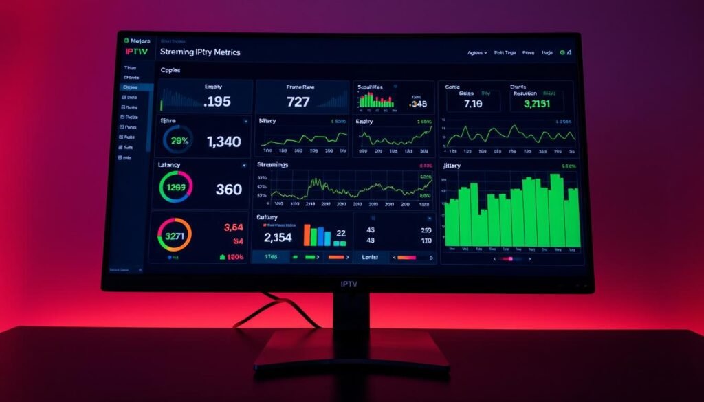 Detailed IPTV streaming metrics dashboard displayed on a sleek, modern computer monitor. Crisp and vibrant colors, clean UI design with various performance indicators like bitrate, resolution, frame rate, latency, and jitter. Soft lighting illuminates the screen, creating a professional, technical atmosphere. The dashboard provides a comprehensive overview of IPTV service quality, allowing users to assess and optimize their streaming experience. Subtle reflections on the monitor's surface add depth and realism to the scene.