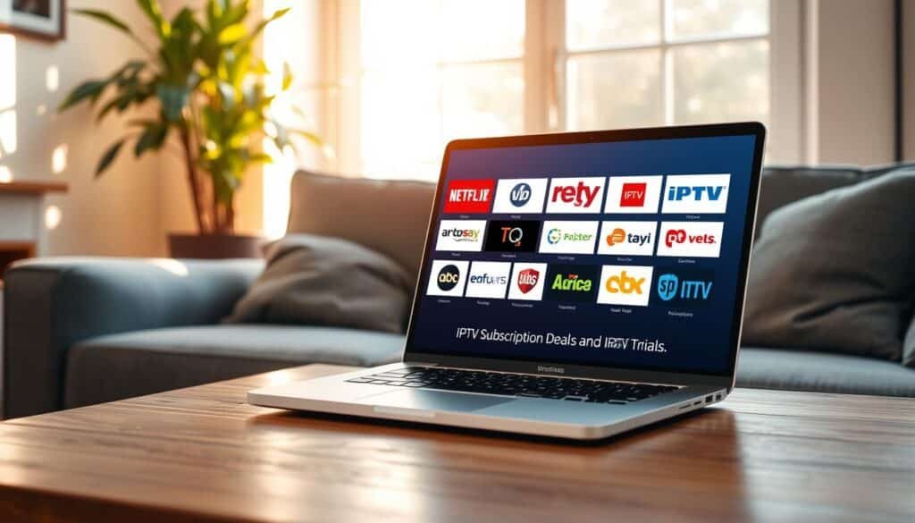 A cozy living room setting with a laptop and various IPTV service provider logos displayed on the screen. The laptop is situated on a wooden table, surrounded by a plush gray sofa and a potted plant in the background. Warm, natural lighting filters through a large window, creating a inviting atmosphere. The scene conveys the idea of researching and exploring IPTV subscription deals and free trials in a relaxed, comfortable environment.