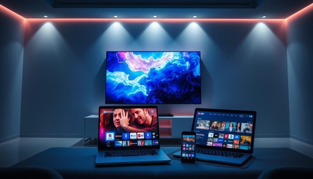 A dimly lit room, with a sleek, modern setup displaying the key features of top IPTV services. In the foreground, a high-definition television screen showcases a vibrant, crystal-clear live TV broadcast, highlighting the service's exceptional video quality. Beside it, a laptop displays a user-friendly interface, showcasing the service's extensive channel selection and seamless navigation. In the middle ground, a smartphone and tablet demonstrate the versatility of the IPTV platform, allowing users to access their favorite channels and content on the go. The background features a minimalist, elegant design, with subtle lighting accents emphasizing the technological prowess of the IPTV system. The overall atmosphere conveys a sense of sophistication and the cutting-edge nature of the top IPTV services.