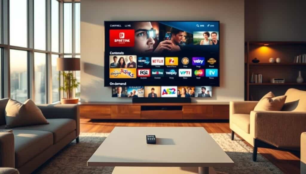 A modern living room with a large, sleek television screen displaying a variety of live television channels and on-demand content options. The room is bathed in warm, soft lighting, creating a cozy, inviting atmosphere. In the foreground, a minimalist coffee table holds a remote control, hinting at the ease of accessing the varied entertainment options. The middle ground features a comfortable sofa and armchair, suggesting a relaxed setting for enjoying the content. The background showcases floor-to-ceiling windows, offering a scenic view of a cityscape or natural landscape, blending the indoor and outdoor spaces. The overall composition conveys the seamless integration of live television and on-demand streaming, catering to the diverse entertainment preferences of the viewer.