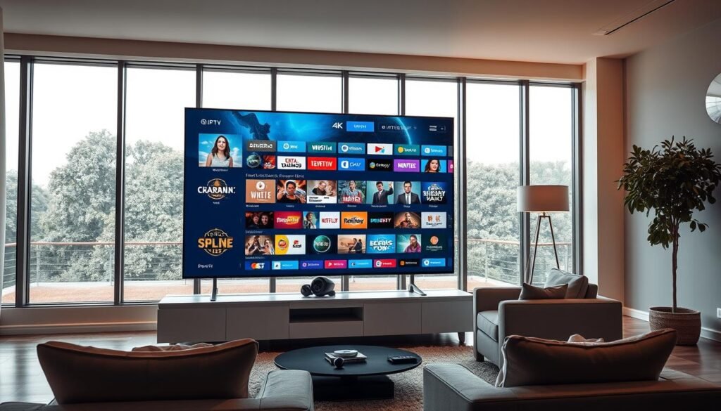 A modern living room with a sleek, minimalist design. In the foreground, a large flatscreen TV dominates the scene, its screen displaying a vibrant, 4K IPTV interface showcasing a diverse array of live channels and on-demand content. The mid-ground features a comfortable sofa and armchair, perfect for enjoying the immersive IPTV experience. Indirect, warm lighting creates a cozy atmosphere, while large windows in the background allow natural sunlight to flood the space. The overall scene conveys the convenience, flexibility, and entertainment benefits of IPTV technology in a contemporary, visually appealing setting.